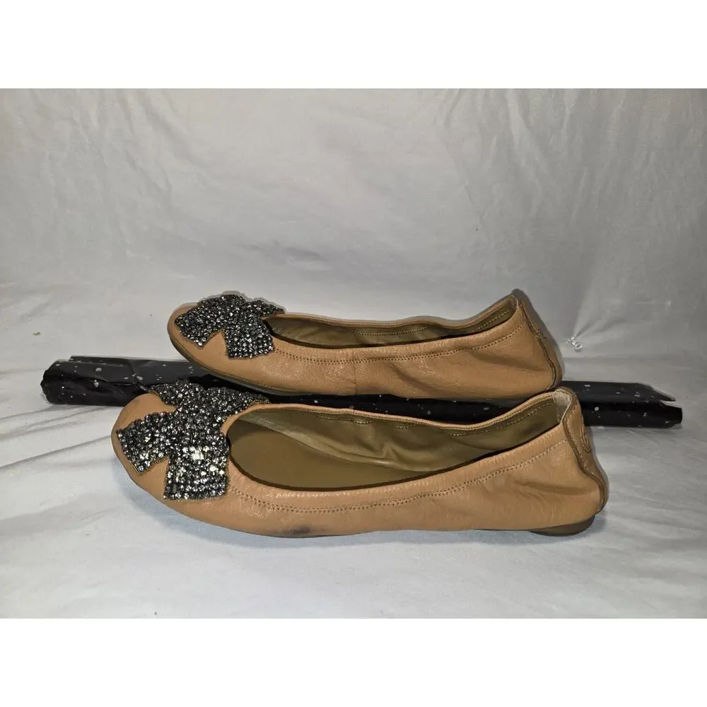 Tory Burch Eddie Black Leather Rhinestone Bow Ballet Flats Size 10 Butter Soft